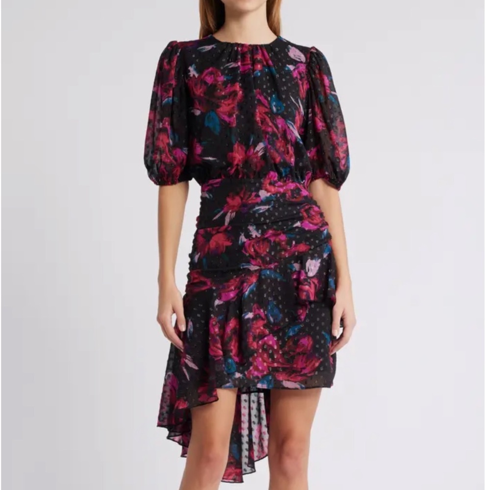 Chelsea28 Metallic Clip Dot Asymmetric Dress Black Tia Floral Modern Chic Sz XL
